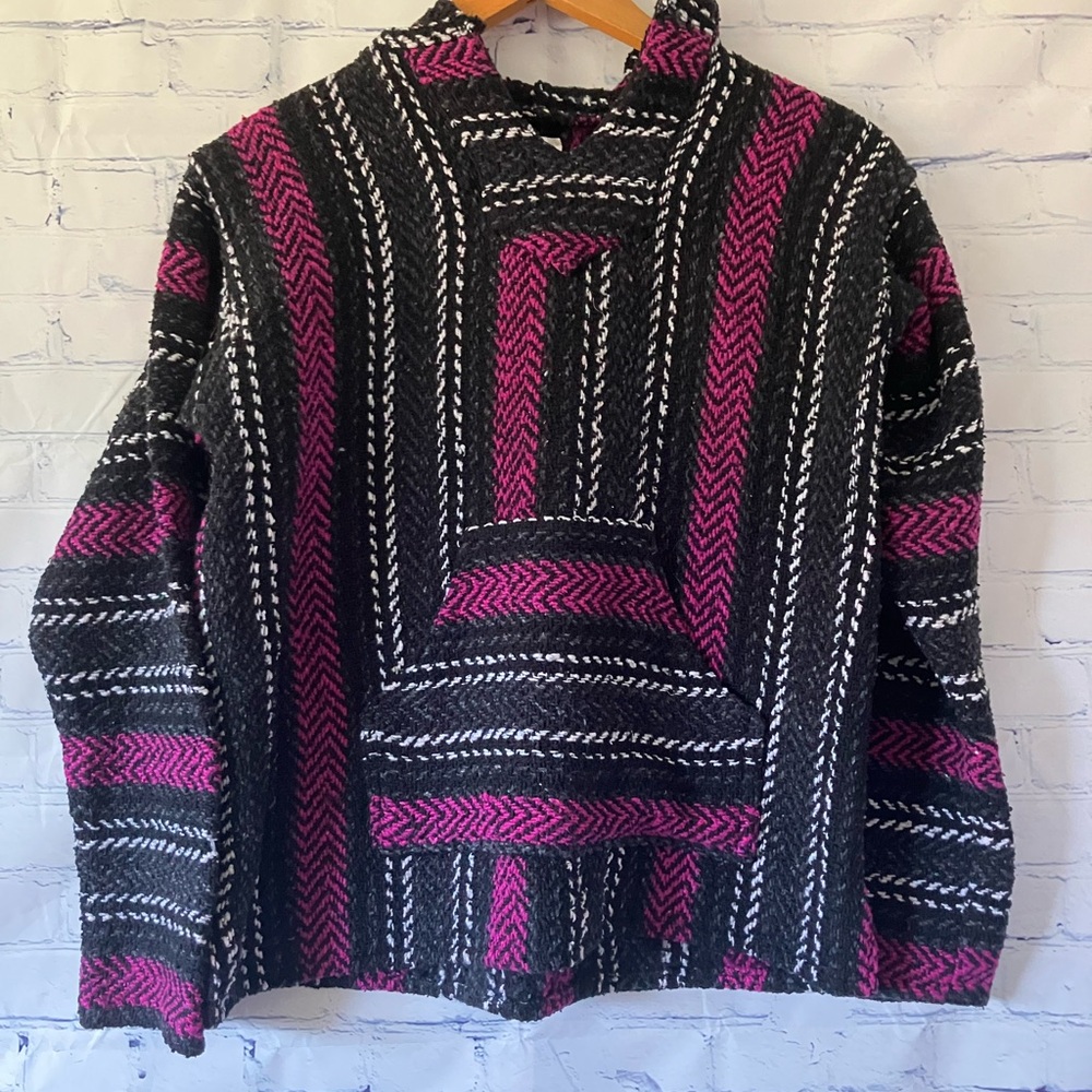 Black and Purple Striped Cotton Hooded Sweater sz S Boho